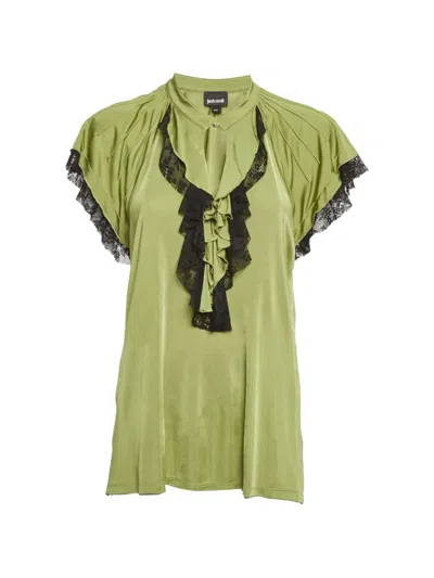 Pre-owned Just Cavalli Vintage Ruffle Lace-trim Top In Green