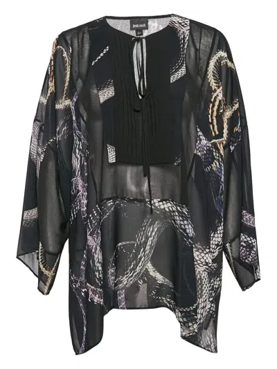 Pre-owned Just Cavalli Vintage Snake-print Pleated Blouse In Black