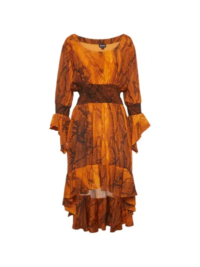 Pre-owned Just Cavalli Vintage Snakeskin-print Asymmetric Midi Dress In Orange