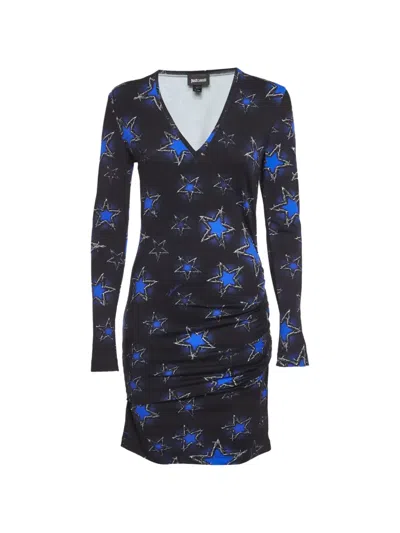 Pre-owned Just Cavalli Vintage Star-print Ruched Midi Dress In Black