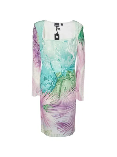 Pre-owned Just Cavalli Vintage Tropical-print Off-shoulder Dress In Blue