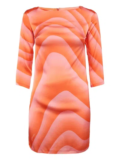 Pre-owned Just Cavalli Vintage Wave-print Silk Dress In Orange