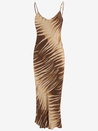 Just Cavalli Viscose Dress With Tropical Print In Brown