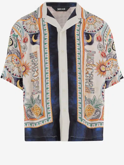 Just Cavalli Viscose Shirt With Logo And Patterned Print In Neutral