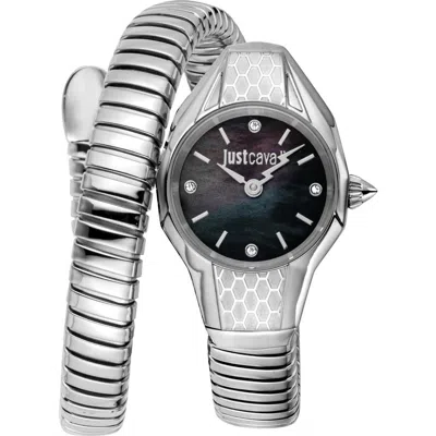 Just Cavalli Vivace Snake Wraparound Bracelet Watch, 22.5mm X 33mm In Silver/black