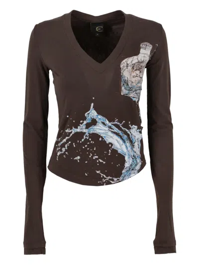 Pre-owned Just Cavalli Wave-print Top In Brown