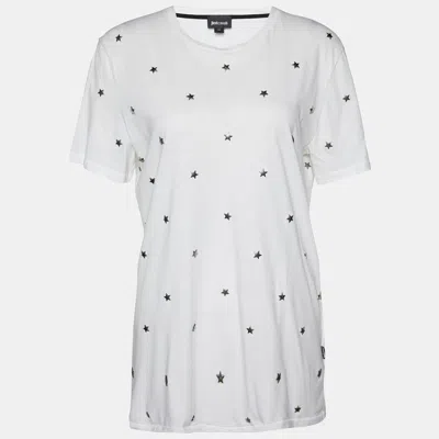 Just Cavalli White Cotton Knit Star Studded T-shirt In Yellow