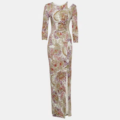 Pre-owned Just Cavalli White Floral Print Jersey Cut-out Maxi Dress M