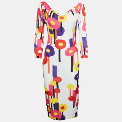 Just Cavalli White Floral Print Stretch Knit Midi Dress In Multi