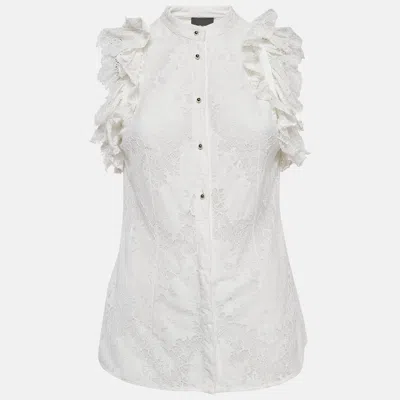 Pre-owned Just Cavalli White Lace Ruffled Sleeveless Shirt M