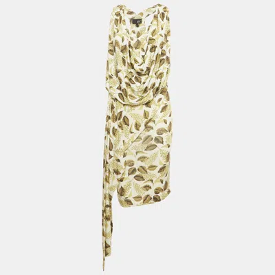 Just Cavalli White Leaf Print Jersey Draped Dress In Multi