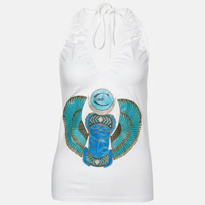 Pre-owned Just Cavalli White Printed Cotton Halter Neck Top M