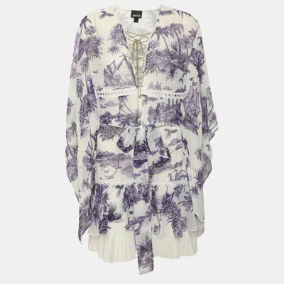 Pre-owned Just Cavalli White/purple Tropical Palm Print Chiffon Ruffle Mini Dress M