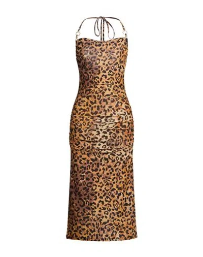 Just Cavalli Woman Midi Dress Mandarin Size 12 Polyester, Metallic Polyester, Polyamide, Elastane In Animal Print