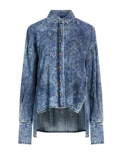 Just Cavalli Woman Shirt Blue Size 12 Cotton