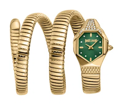 JUST CAVALLI JUST CAVALLI WOMENS'S SNAKE WATCH, GOLD COLOR CASE, DARK GREEN DIAL, GOLD COLOR STAINLESS STEEL BRAC