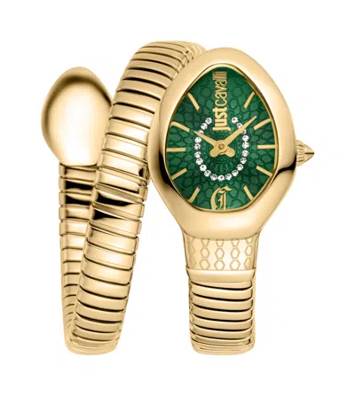 JUST CAVALLI JUST CAVALLI WOMENS'S SNAKE WATCH, GOLD COLOR CASE, DARK GREEN DIAL, GOLD COLOR STAINLESS STEEL BRAC