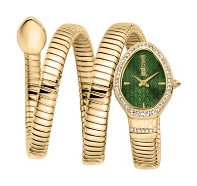 JUST CAVALLI JUST CAVALLI WOMENS'S SNAKE WATCH, GOLD COLOR CASE, DARK GREEN DIAL, GOLD COLOR STAINLESS STEEL BRAC
