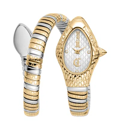 Just Cavalli Womens's Snake Watch, Two Tone Silver & Gold Color Case, Silver Dial, Two Toned Stainle