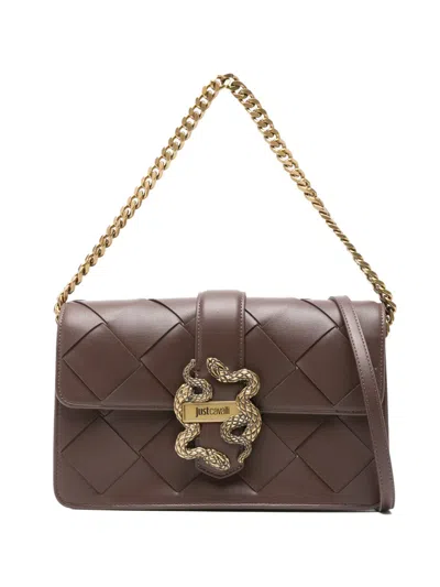 Just Cavalli Woven Snake Appliqué Tote Bag In Brown