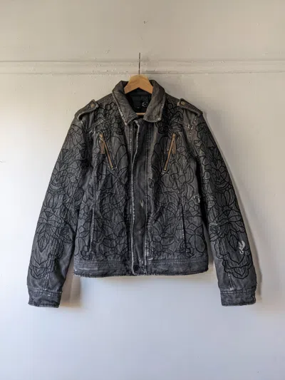 Pre-owned Just Cavalli X Roberto Cavalli 1999 Embroidered Distressed Mesh Overlay Trucker Jacket In Mesh Gray