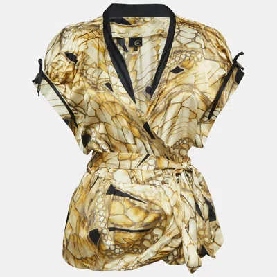 Pre-owned Just Cavalli Yellow Printed Satin Silk Glitter Silk Wrap Blouse S