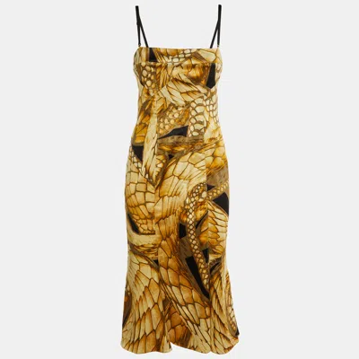 Pre-owned Just Cavalli Yellow Printed Satin Sleeveless Dress M