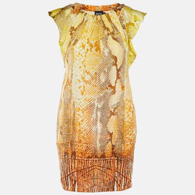 Pre-owned Just Cavalli Yellow Snakeskin Printed Georgette Mini Dress S