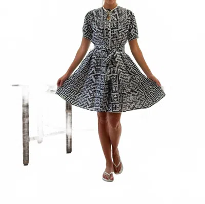Just Darviny Ibiza Short Sleeve Mini Dress In Greek Key Navy In Black
