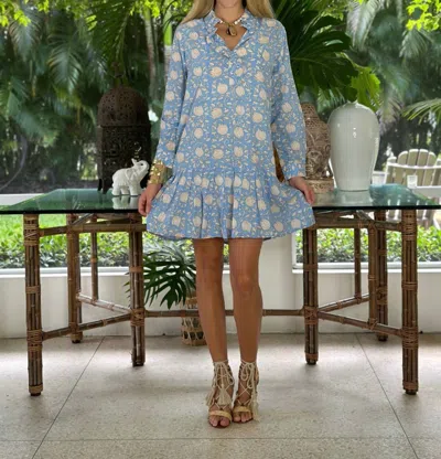 Just Darviny Victoria Long Sleeve Mini Dress In Lotus Flower French Blue