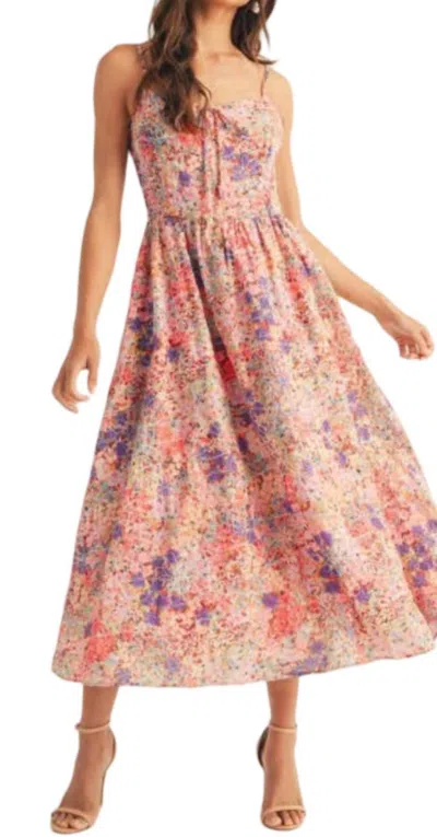 Just Me Floral Print Smocked Bodice Midi Dress In Hot Pink Multi