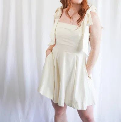 Just Me Linen Shoulder Tie Mini Dress In White In Beige