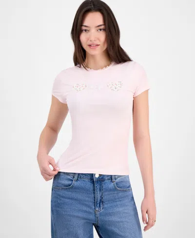 Just Polly Juniors' Applique Picot-trim T-shirt In Pink