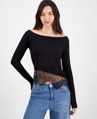 Just Polly Juniors' Asymmetric-lace Boat-neck Long-sleeve Top In Black