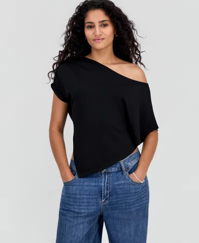 Just Polly Juniors' Asymmetric Short-sleeve Poncho In Black