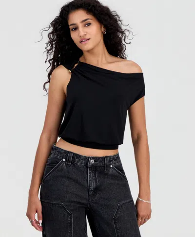 Just Polly Juniors' Asymmetrical Cropped Top In Black