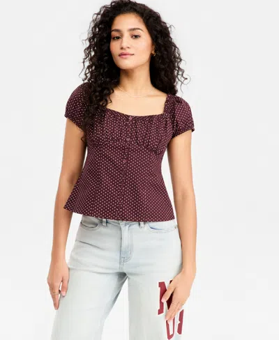 Just Polly Juniors' Cotton Cap-sleeve Top In Burgundy