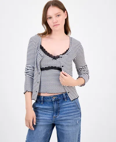 Just Polly Juniors' Cotton Rib-knit Striped Tank & Cardigan Set