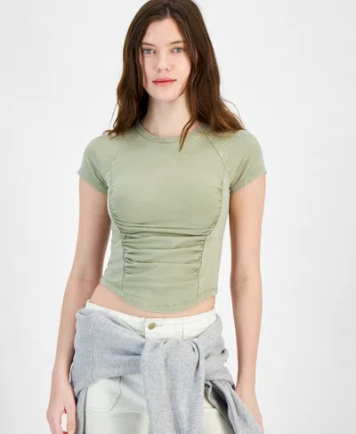 Just Polly Juniors' Crewneck Ruched-front Baby Tee In Tea