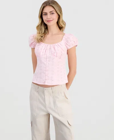 Just Polly Juniors' Eyelet Short-sleeve Button-front Top In Pink