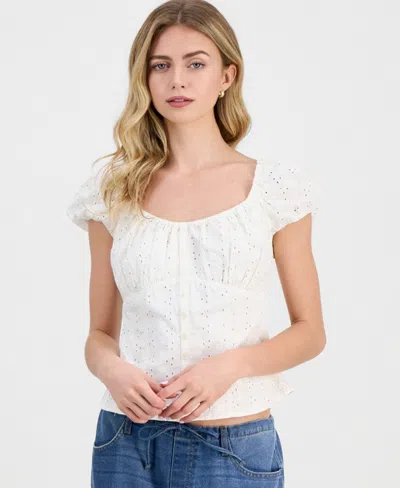 Just Polly Juniors' Eyelet Short-sleeve Button-front Top In White