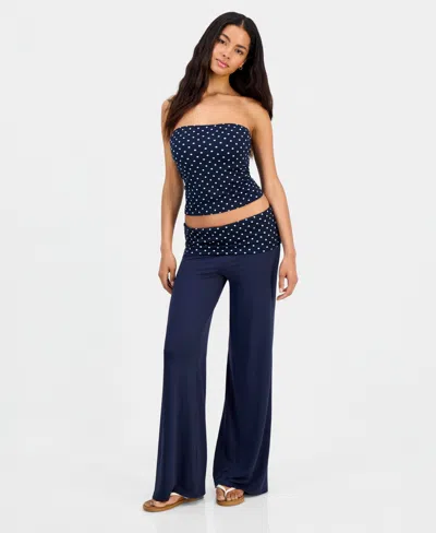 Just Polly Juniors' Fold-over Flare-leg Pants In Blue