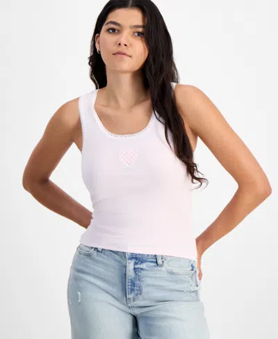 Just Polly Juniors' Gingham Heart Patch Lace-trim Tank Top In Tender Touch