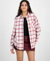 Just Polly Juniors' Girlfriend Frayed-hem Plaid Shirt In Multi