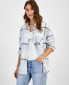 Just Polly Juniors' Girlfriend Frayed-hem Plaid Shirt In Baby Blue
