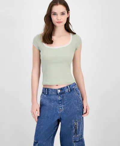 Just Polly Juniors' Lace Trimmed Short-sleeve T-shirt In Desert Sage