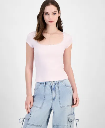Just Polly Juniors' Lace Trimmed Short-sleeve T-shirt In Tender Touch