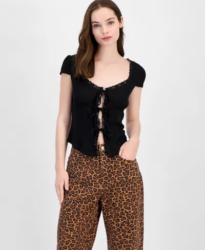 Just Polly Juniors' Lace Trimmed Tie-front T-shirt In Black