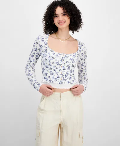 Just Polly Juniors' Layered-look Long Sleeve Cardigan In Blue Ditsy