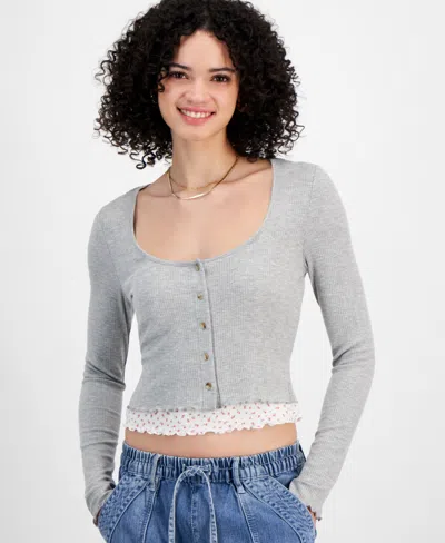 Just Polly Juniors' Layered-look Long Sleeve Cardigan In Grey Ditsy